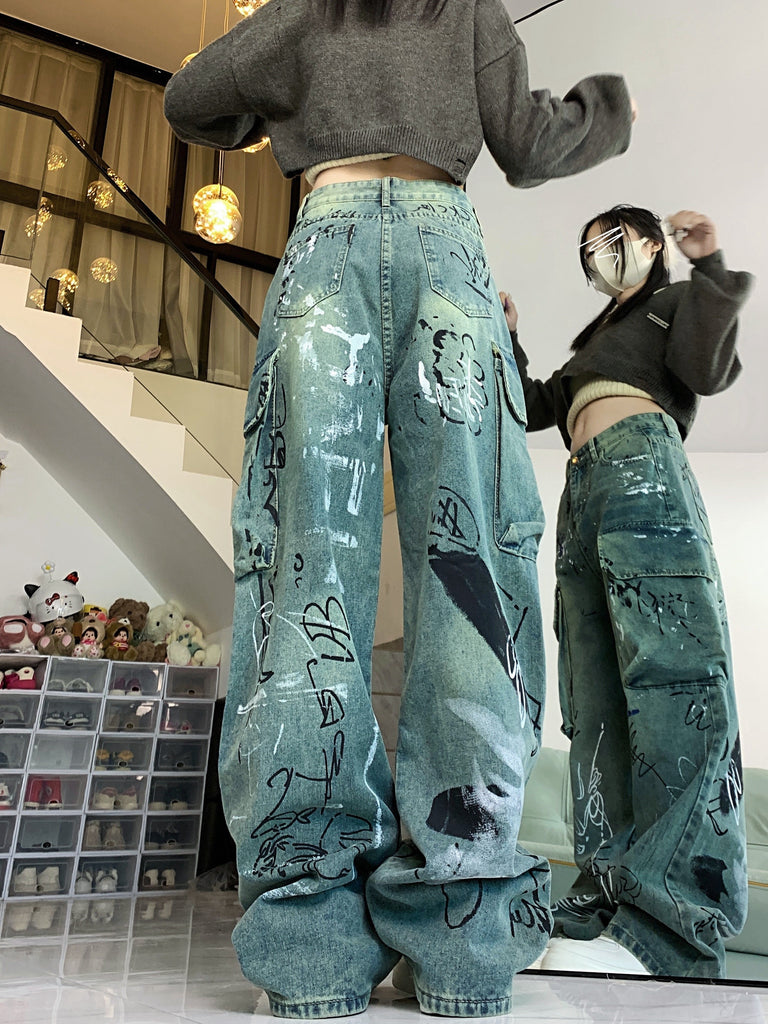 Women's Casual Geometric Graffiti Pattern Wide-Leg Denim Jeans, Cotton Blend, Slight Stretch, All-Season Washed Vintage Streetwear, Straight Fit Button Fly Long Pants