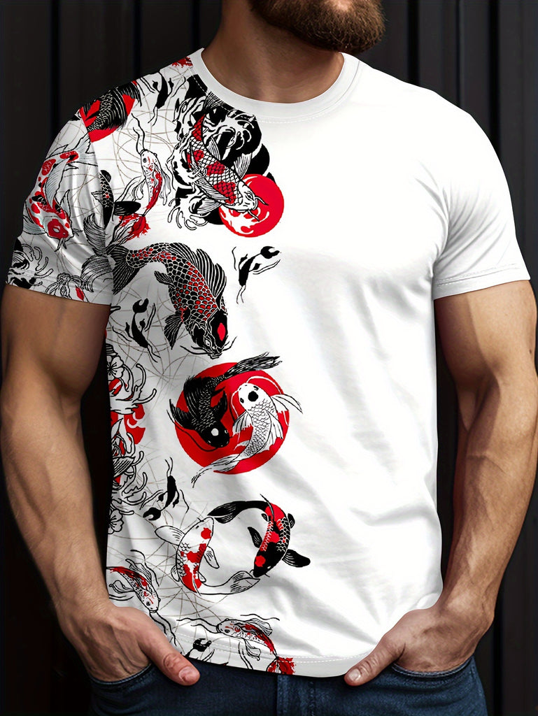 Men's Fish Graphic Print T-shirt, Short Sleeve Crew Neck Tee, Men's Clothing For Summer Outdoor