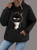 Cat Print Long Sleeve Hoodie, Drawstring Casual Hooded Sweatshirt, Women's Clothing