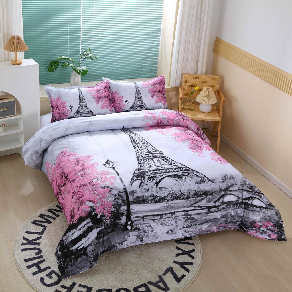 3pcs Romantic Paris Comforter Set (1*Comforter + 2* Pillowcase) France Eiffel Tower Bedding Set, Soft Comfortable Cherry Blossom Landscape Quilt For All Seasons