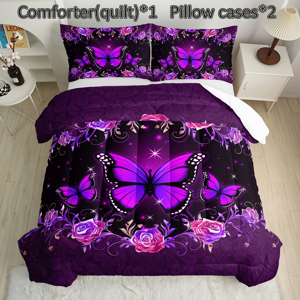 3pcs Butterfly Comforter Set, Purple Flowers Floral Print Bedding Set with 1 Comforter 2 Pillowcases for Women All Season (Without Core)