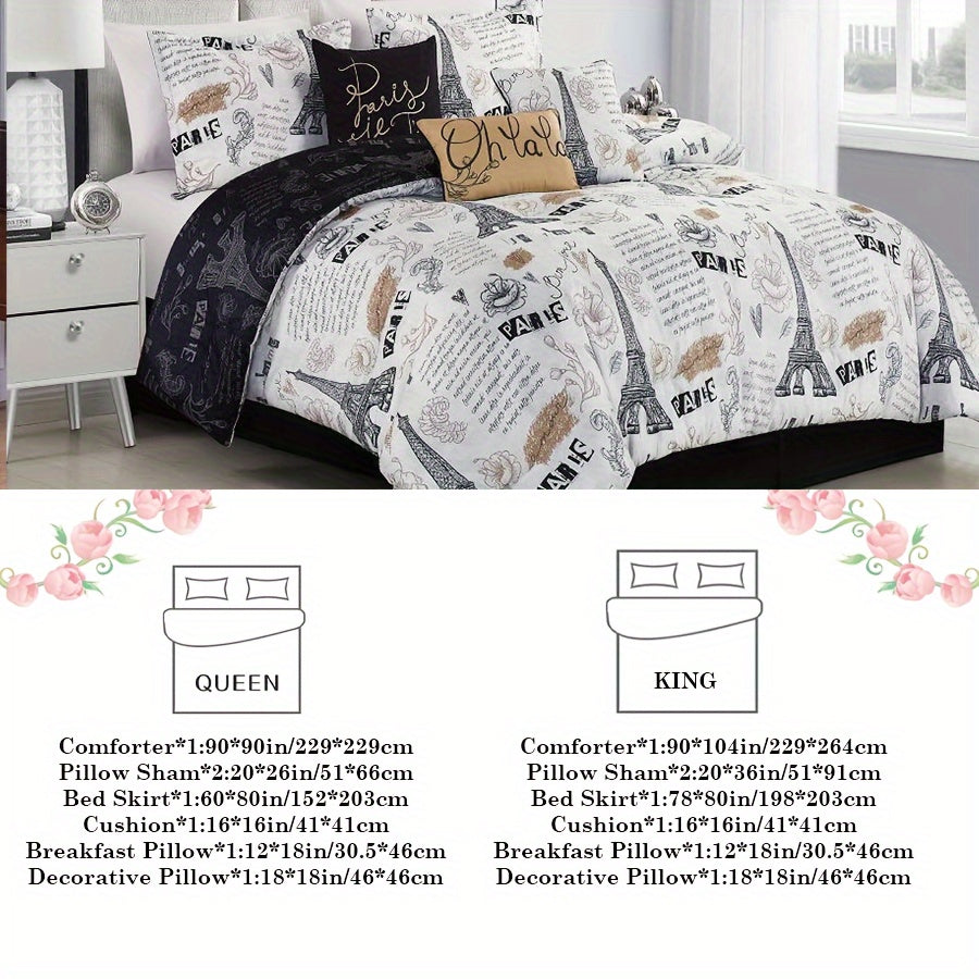 7pcs Christmas Halloween Decoration Comforter Set Stylish And Beautifully Printed 1 Comforter+2 Pillow Shams+1 Decorative Pillow+1 Breakfast Pillow +1 Cushion+1 Bed Skirt Easy To Care For Machine Washable Suitable For Bedrooms Rooms Hotels
