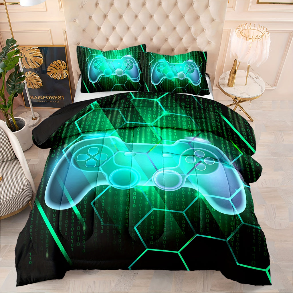 3Pcs Gamepad Comforter Set, Number Video Gaming Gamer Bedding Set, Game Console Comforter Set, Geometry Hexagonal Bedding Set For Adults, 1 Quilt 2 Pillowcases, Green Black