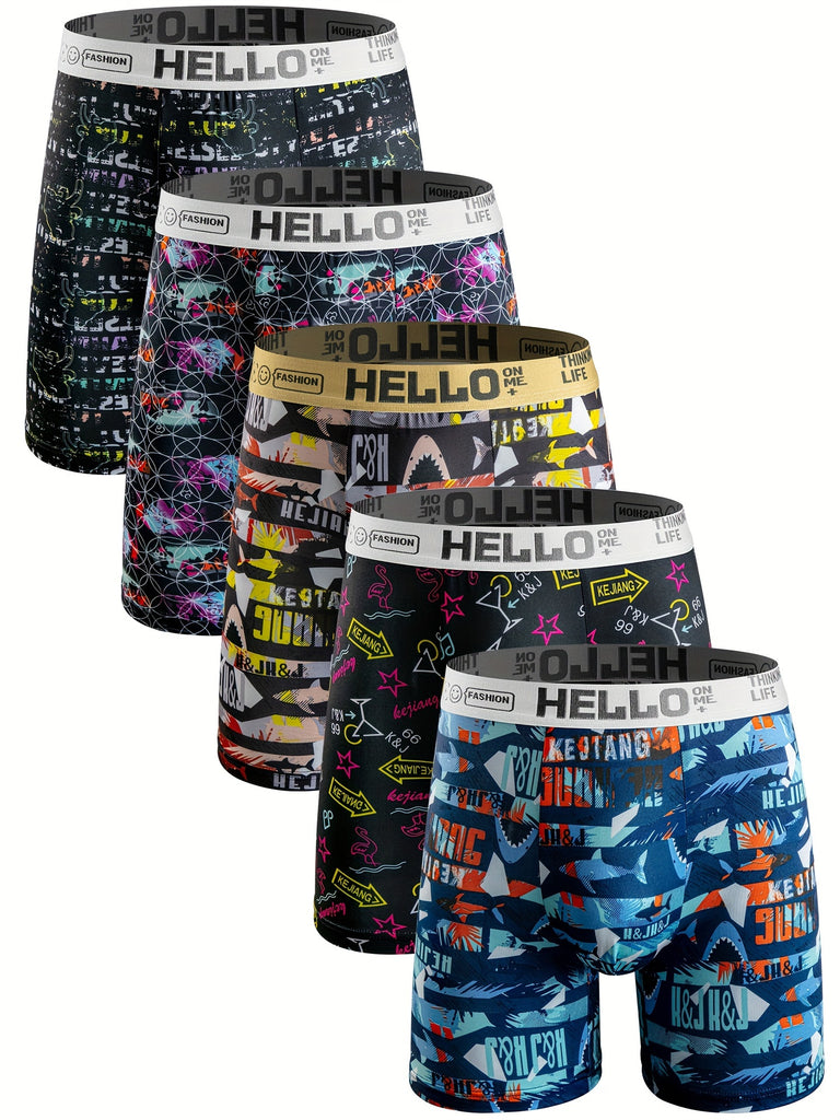 5-Piece Men's Fashionable Long Boxer Shorts - Breathable, Comfortable, High-Elasticity, Extended Length, Sports-Ready, Hello Waistband Underwear with Soft Fabric