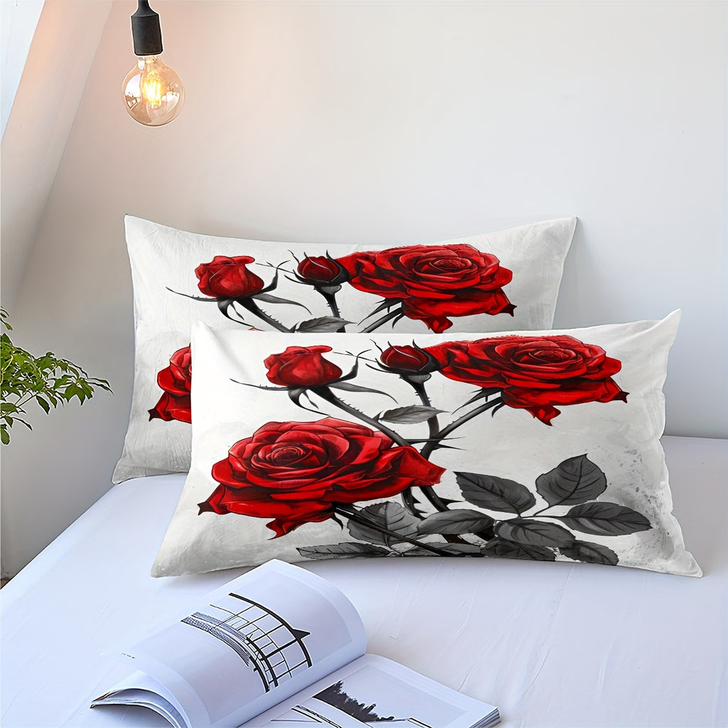 Red Rose Comforter Set Queen Blooming Flower Bedding Set For Girls Chic Aesthetic Soft Comforter With 2 Pillowcases