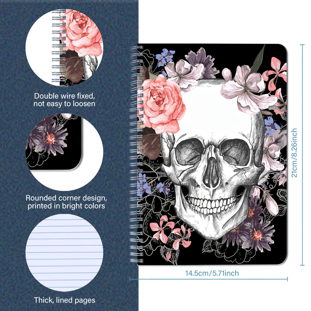 Skull Pattern A5 Spiral Notebook - 5.83" x 8.27" College Ruled Journal for Daily Office Supplies