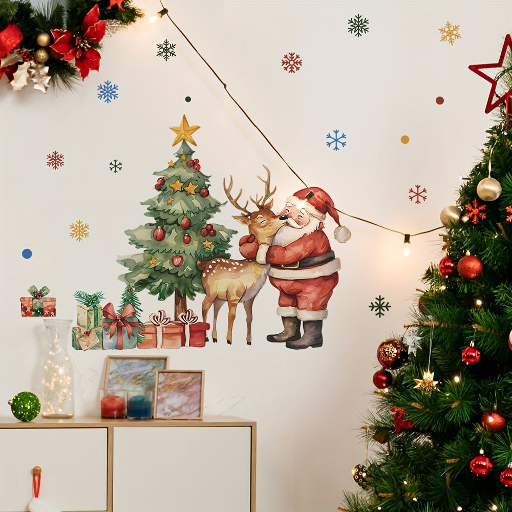 Santa Claus, Christmas Tree & Reindeer Wall Decals - Self-Adhesive Holiday Decor for Bedroom, Living Room & Entryway