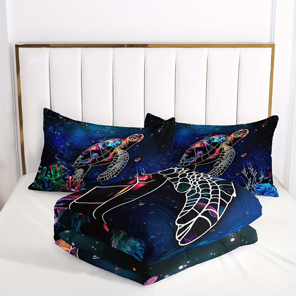 Sea Turtle Comforter, Ocean Theme Bedding Set, 3Pcs Modern Fashion Polyester Quilt