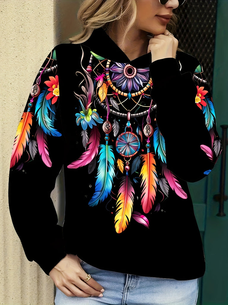 Feather Print Hoodie, Casual Long Sleeve Hooded Sweatshirt For Spring & Fall, Women's Clothing