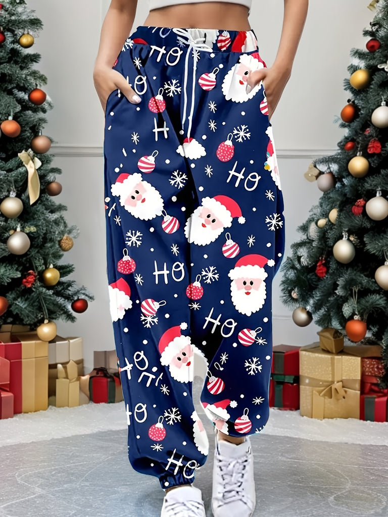 1pc Festive Christmas Print Women'S Casual Jogger Pants - Polyester Knit Fabric, All-Season Long Length Trousers with Pockets, Adult Holiday Santa Claus Pattern Lounge Pants - For Women - Suitable for Christmas & Holiday Season - Perfect Gift for Family