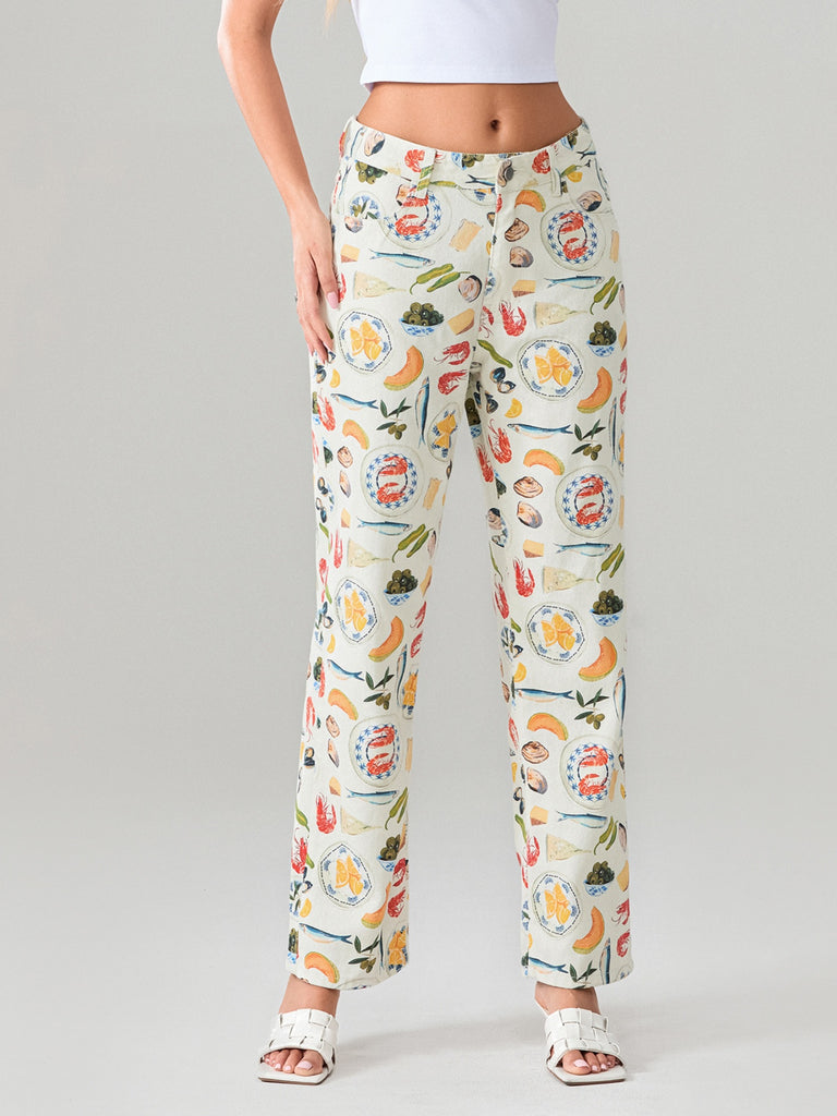 Women'S Wide Leg Faux Denim - Casual Fruit & Vegetable Print, Loose Fit Faux Denim Trousers, Cotton Blend, Medium Stretch, Straight Leg, with Pockets for Spring/Fall