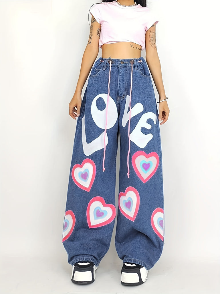 Bopoft American Vintage Jeans Women's Street Style Love Graffiti Print Loose Skinny Jeans High Waist Tie Casual Straight Leg Pants Lazy Aesthetics Hot Girls Trendy Floor Mopping Wide Leg Pants Hip Hop Street Casual Versatile Cargo Pants Sports Pants