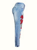 Women's Light Blue Denim Jeans with Red Floral Embroidery, Casual Style, Distressed Detail, Fashion Bottomwear