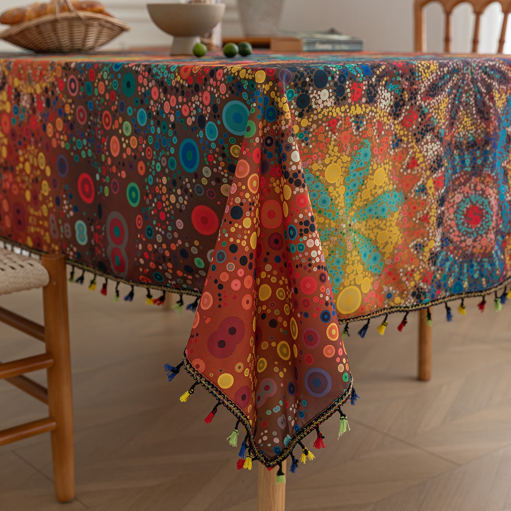 Vibrant Red Polka Dot Bohemian Linen Tablecloth with Tassels - Stunning Geometric Digital Print, Washable, Durable, and Easy Care for Festive Gatherings, Everyday Meals, and Outdoor Parties - Handcrafted with Love for a Unique Touch