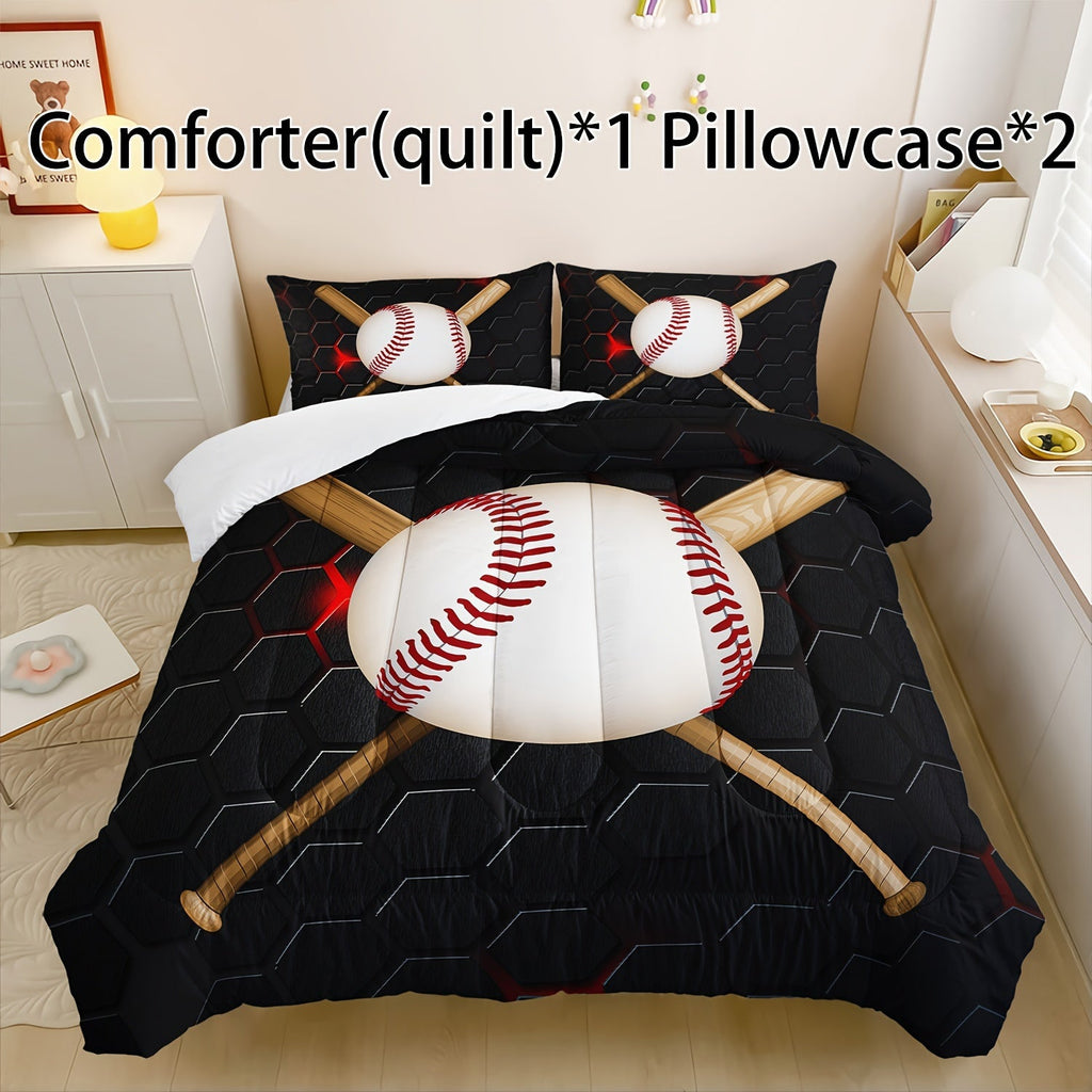 3Pcs Modern Fashion Polyester Comforter Set (1 * Comforter + 2 * Pillowcases, Core Not Included), Sports Theme Baseball Honeycomb Print Bedding Set, Soft And Comfortable Skin-friendly Comforter For Bedroom, Guest Room.