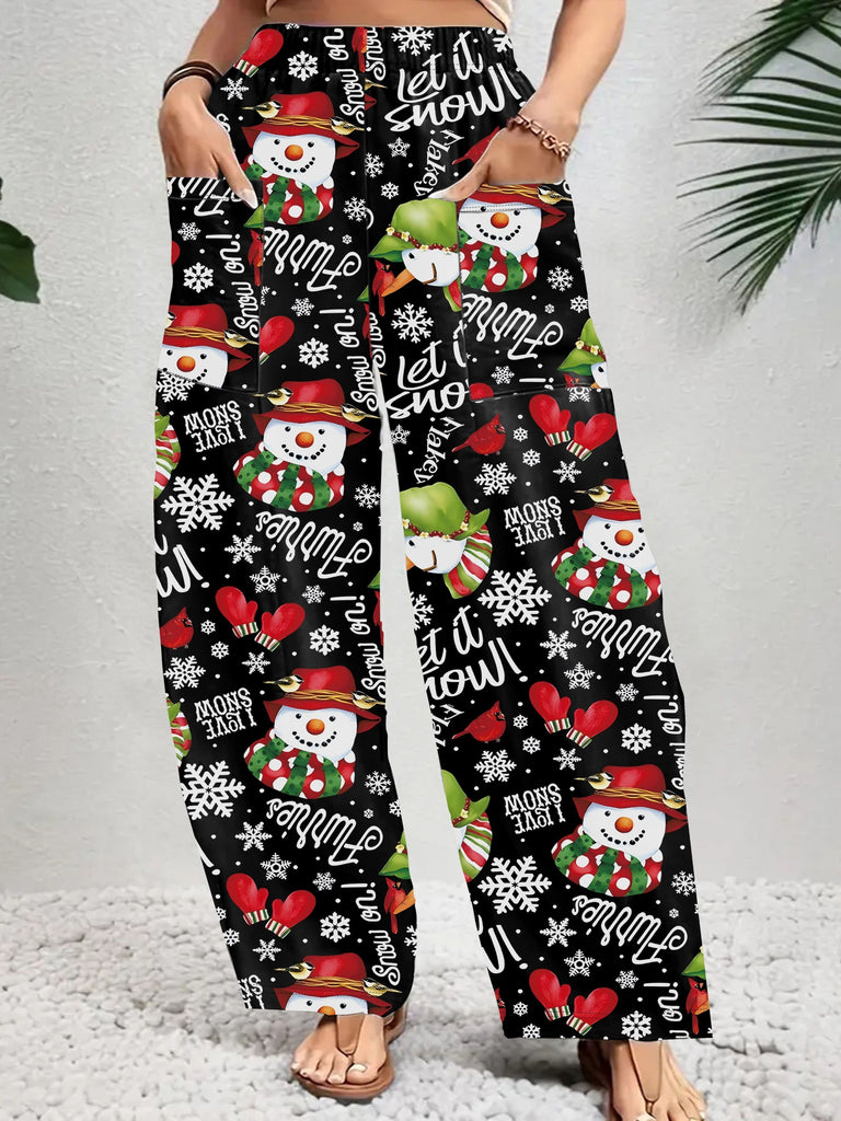 Plus Size Christmas Print High Waist Pants, Casual Patch Pockets Wide Leg Pants, Women's Plus Size Clothing