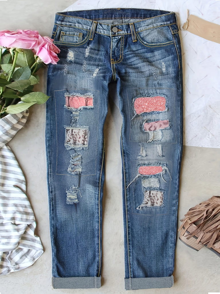 Women's Retro Style Denim Pants - Plus Size Ripped Printed Patchwork Distressed Whiskering Casual Streetwear Jeans - Denim - For Women - Suitable for Casual Wear - Perfect Gift for Fashionable Women