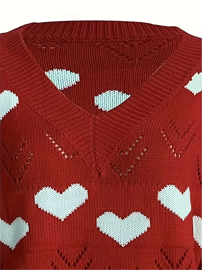 Heart Pattern Knitted Sweater, Casual Long Sleeve Drop Shoulder Pullover Sweater For Fall & Winter, Women's Clothing