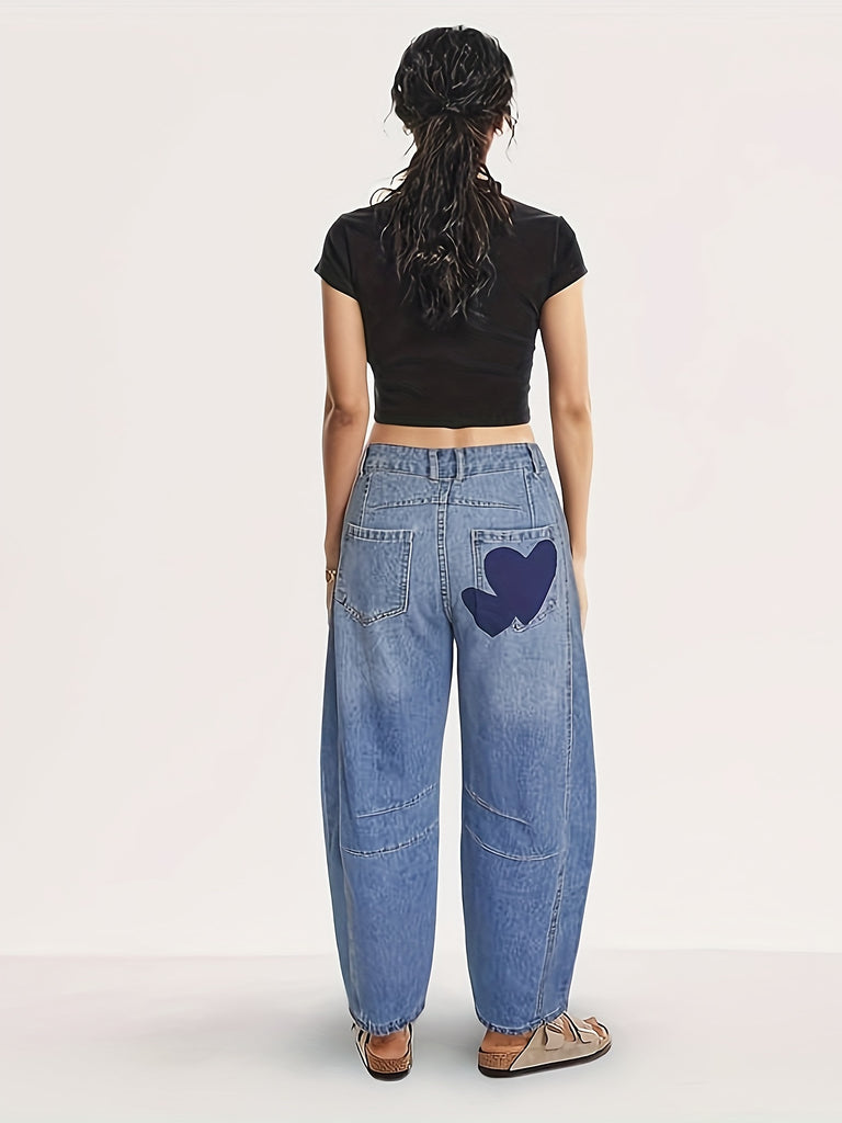 Women Mid Rise Barrel Jeans Heart Printed Wide Leg Denim Ankle Pants Vintage Baggy Boyfriend Jeans Streetwear