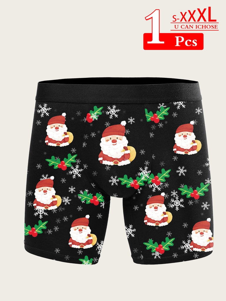 1pc Festive Christmas Cartoon Santa Print Men'S Boxer Briefs, Stretch Knit Polyester with Spandex Lining, Comfortable Breathable Holiday Underwear, No Waistband - Multiple Sizes Available