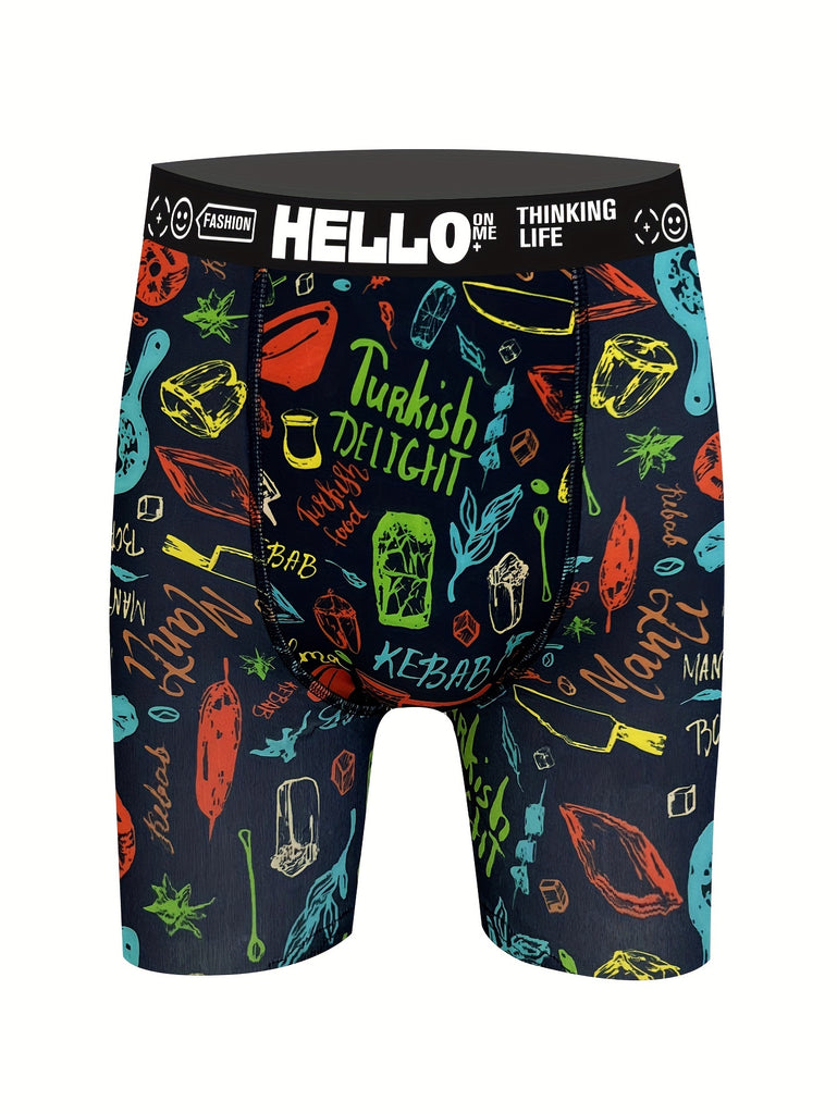 3/5pcs random, creative food graffiti printing, long boxer shorts, breathable, comfortable and high elastic, long boxer swimwear, sports shorts, Men's novel underwear