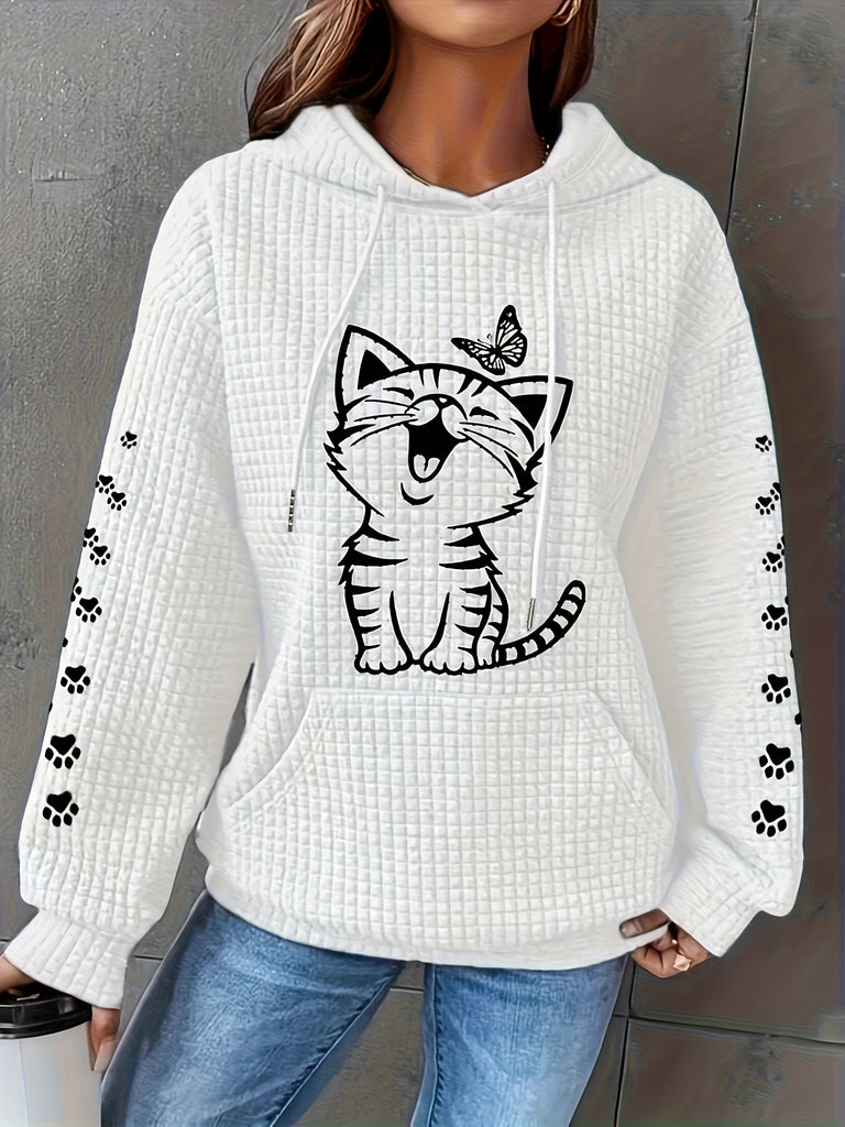 Plus Size Cartoon Cat Print Hoodie, Casual Long Sleeve Pocket Drawstring Hoodies, Women's Plus Size Clothing