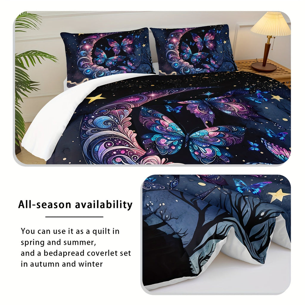 Butterfly Comforter Set Moon Printed Bedding Night Sky Galaxy Comforter 3 Piece Set (1 Bed Comforter + 2 Pillow Cases), Comforter For All Seasons, Soft Comfortable And Breathable Printed Bedding For Home Dorm Decoration