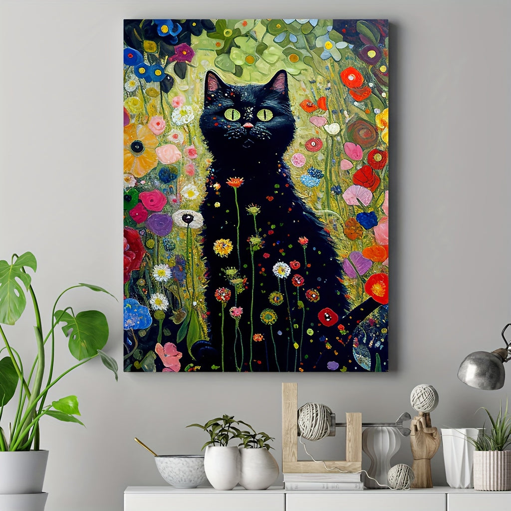 Gustave Klimt-Inspired Garden Cat Canvas Art - Waterproof, Framed Wooden Wall Decor for Living Room, Bedroom, Office & More