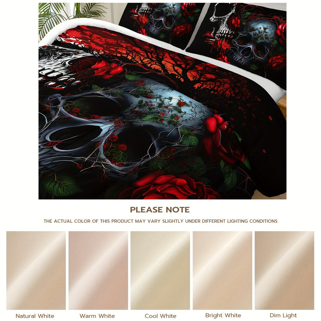 3pcs Goth Skull Print Comforter Set (1 Comforter + 2 Pillowcase Without Pillow Insert) For All Seasons, Microfiber Gothic Red Rose Bedding Set For Halloween Style Bedrooms Decoration