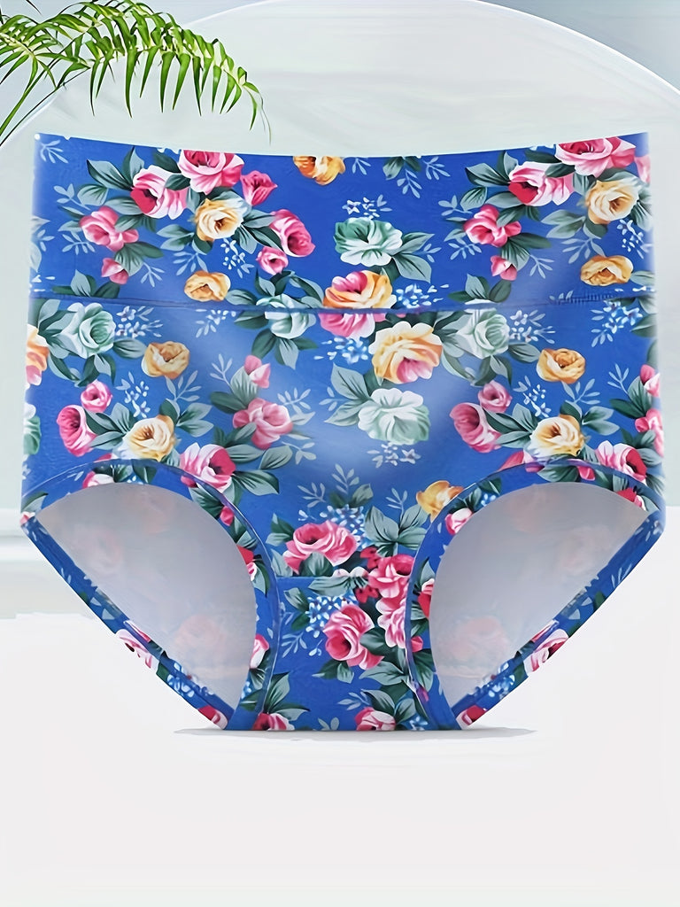 4pcs Seamless High Waist Tummy Control Briefs, Sexy Comfy Breathable Floral Print Stretchy Intimates Panties for Women