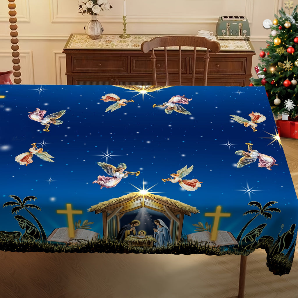 1pc, Christmas-themed tablecloth, Jesus' birth scene tablecloth, Christmas party tablecloth, polyester tablecloth, 4 sizes to choose from, edge embossed, round and rectangular tablecloth, Christmas gift, kitchen accessories, create a festive atmosphere