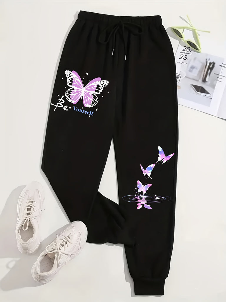 Women's Plus Size Butterfly Print Fitted Bottom Joggers - Casual Sporty Pants - Lightweight & Breathable Fabric - For Spring & Summer - Perfect for Loungewear & Casual Outings - Ideal Gift for Fashionable Women