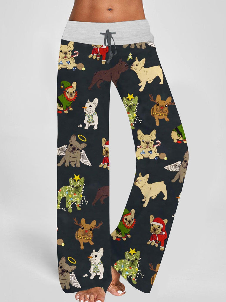 Women's Festive Christmas French Bulldog Print Joggers - Comfy Wide Leg Pants with Drawstring, Perfect for Casual Daily Wear