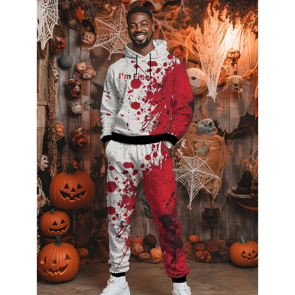 Men's I Am Fine Pattern Fashion Novelty Pajamas Loungewear Set, Halloween Hoodie And Sweatpants Set, Long Sleeve Sweatshirts Jogger Pant 2 Piece Outfits For Men, Men's Clothing, Novelty Funny Pajamas Loungewear Set.