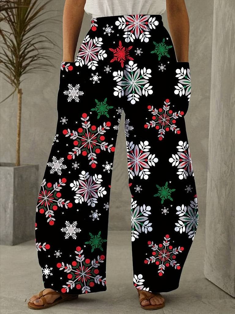 Christmas Allover Print Wide Leg Pants, Casual Slant Pockets Loose Pants, Women's Clothing