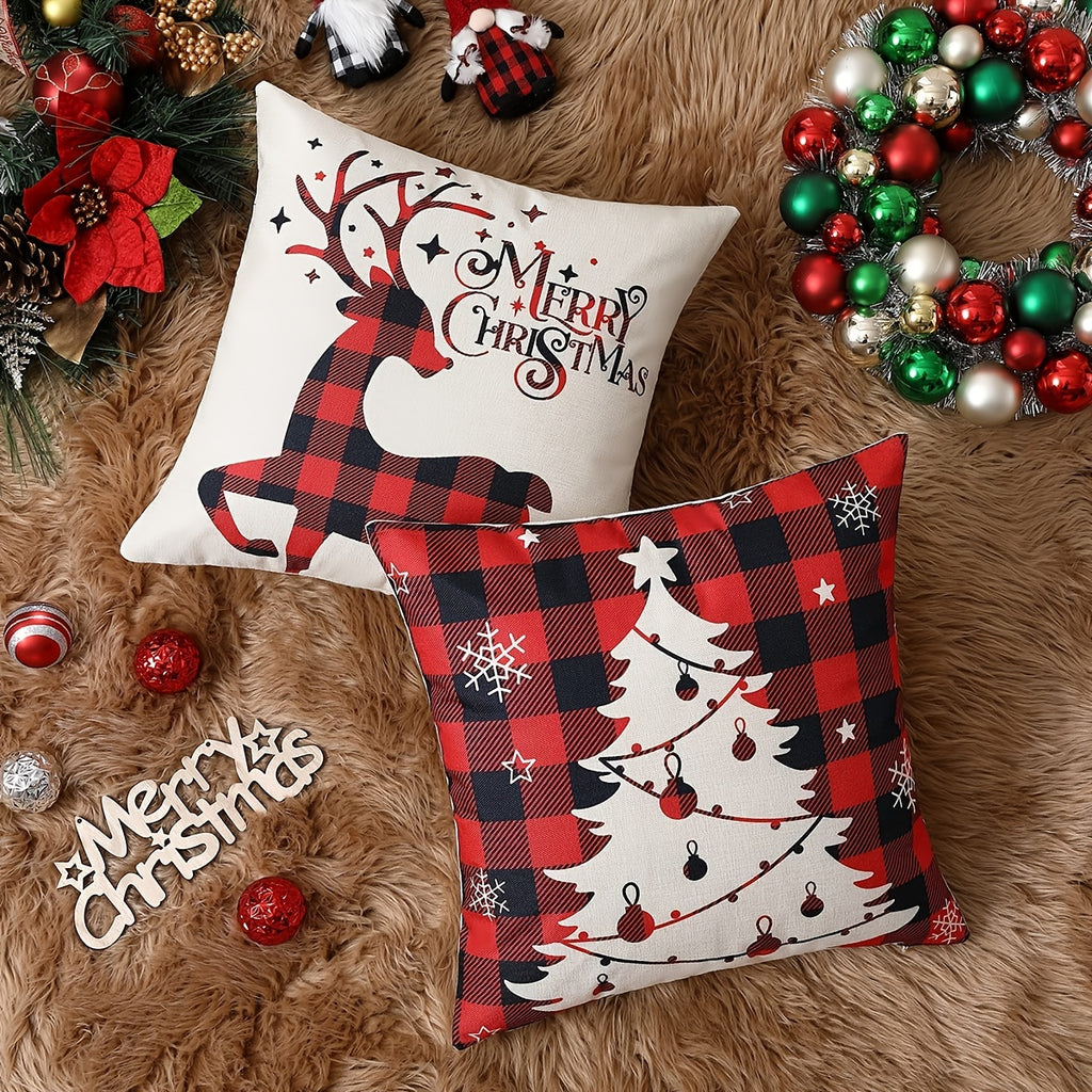 4pcs, Christmas Linen Blend Throw Pillow Case, Deer Snow Square Cushion Case, Decorative Pillow Cover For Living Room Bedroom Couch Sofa, Home Decor Room Decor Party Decor Single-Sided Printed (No Pillow Insert)