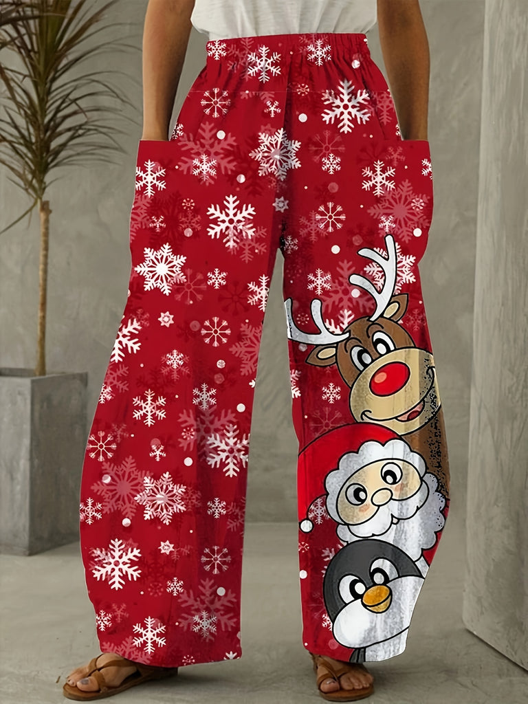 Christmas Snowflake Print Wide Leg Pants - Comfortable, Casual, Everyday Wear for Women, Festive Holiday Clothing, Relaxed Fit, Stylish Bottoms