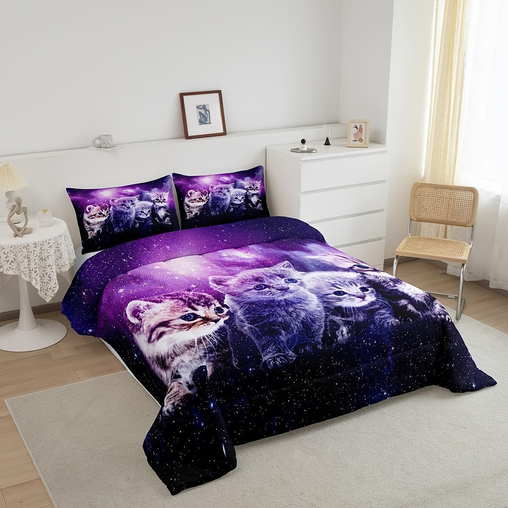 2/3pcs Cat Comforter Cute Pet Cats Pattern Bedding Set, Outer Space Kawaii Kitten Comforter Set for Men Women, 3D Animal Theme Galaxy Quilt Set with 1/2 Pillowcases, Room Decor, All Season Lightweight Soft Warm, Christmas Gifts Decoration Ornaments