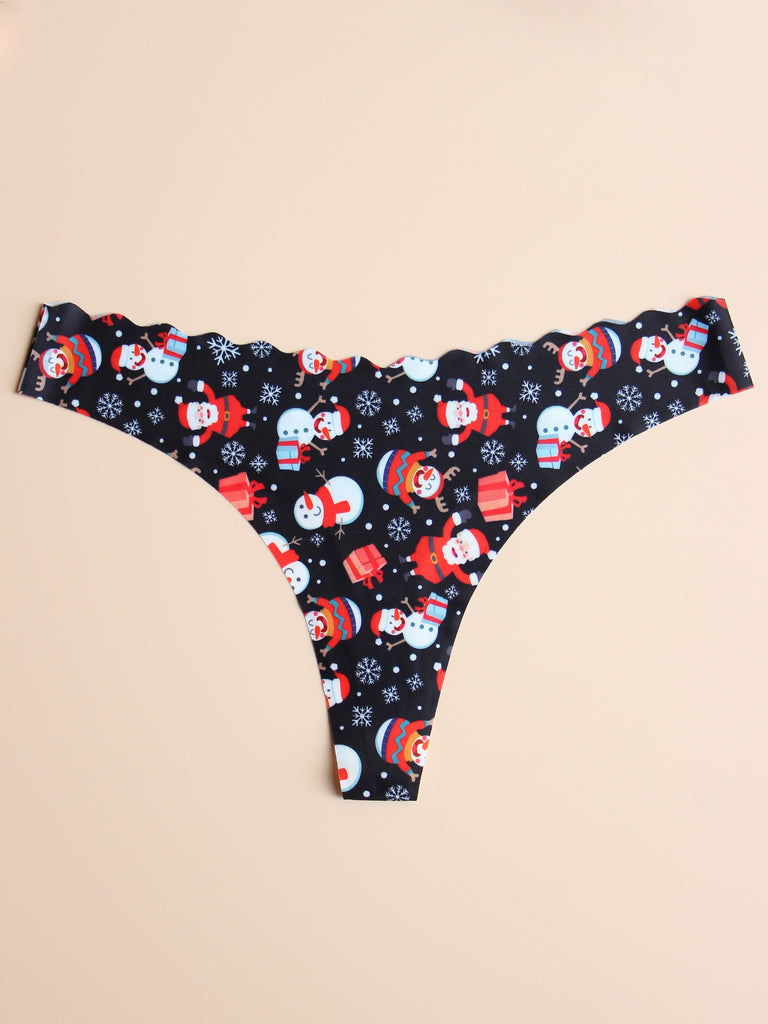 21pcs Seamless Christmas Print Thongs for Women - Soft, Breathable Low-Rise Panties with Scallop Trim