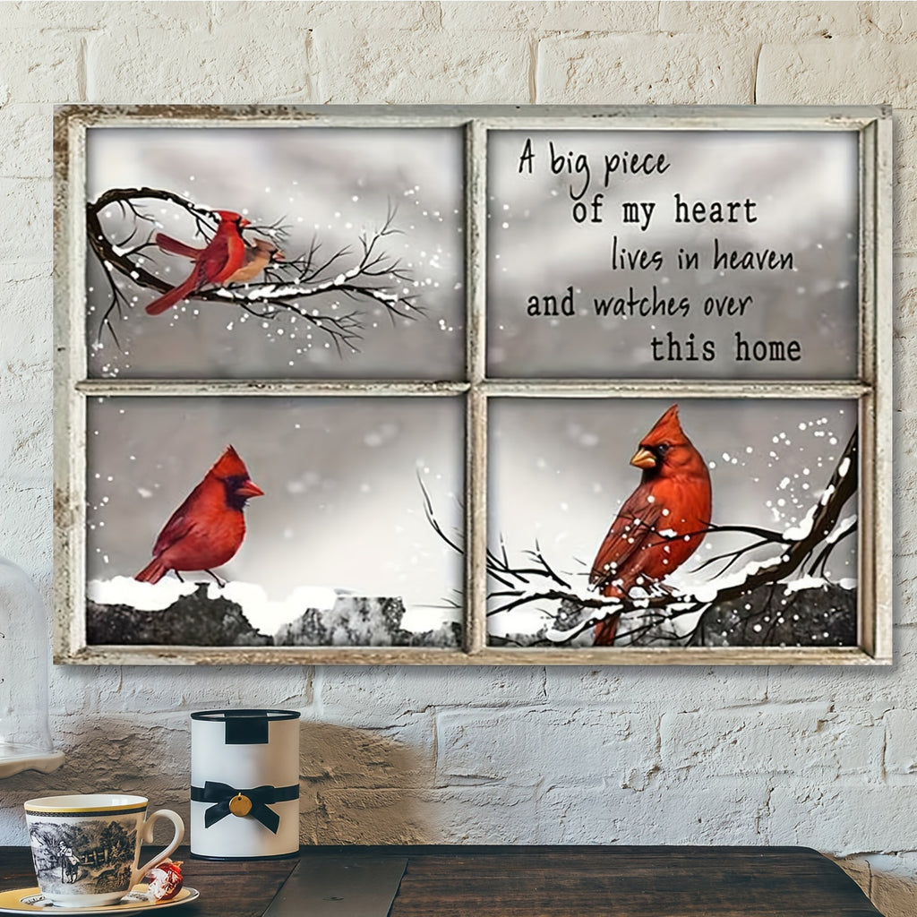 1pc Wooden Framed Canvas Painting Window View Cardinal Art Prints Wall For Bedroom Living Room Home Decor Inspirational Landscape Canvas Print Poster Picture With Framed Ready To Hang Gift For Her Him