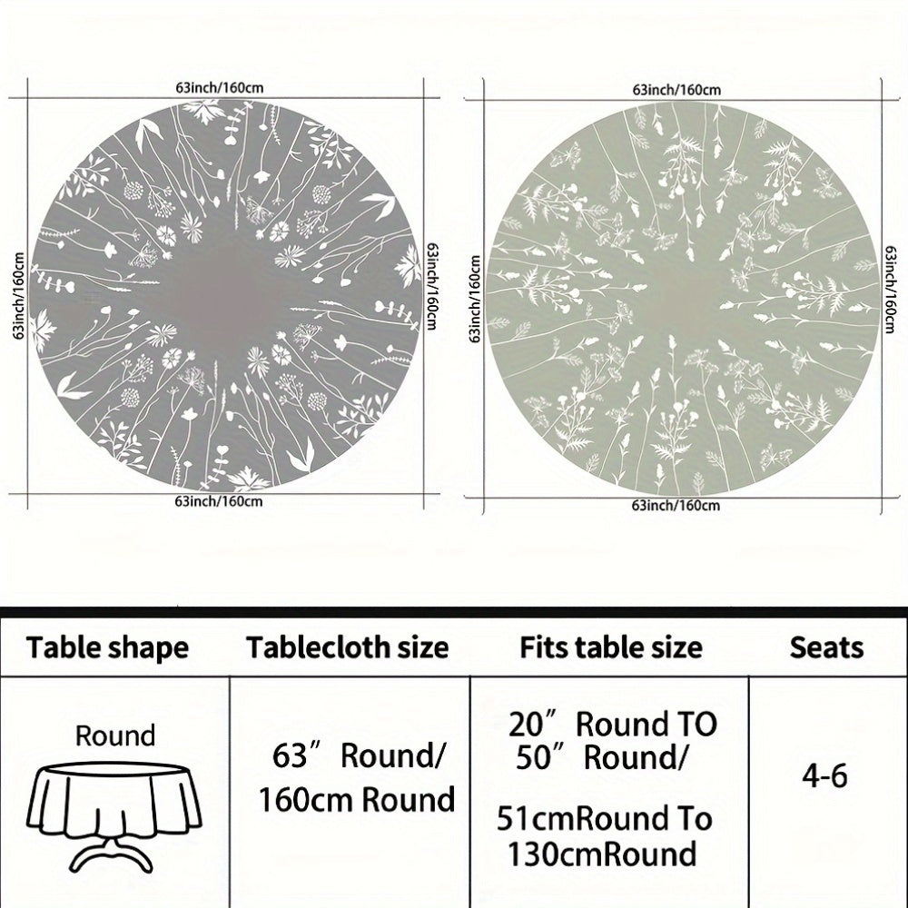 Floral Pattern Round Tablecloth 63 Inch - Polyester Machine Woven, Water-Resistant Table Cover for Kitchen, Dining, Picnic - Elegant Grey White Flower Design for 4-6 Seats