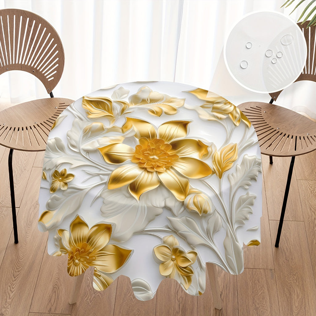 Golden and Jade 3D Flowers Digital Printed Tablecloth: Stain Resistant, Waterproof, Pleated Cover for Parties, Home Kitchens, Banquets, and Terraces - Suitable for Various Scenes