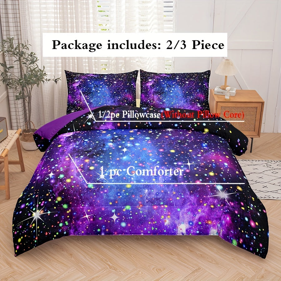 2/3PCS Comforter Sets For Teen Girls, Purple Blue Galaxy Glitter Bedding Set For All Season, Purple Bedding Sets