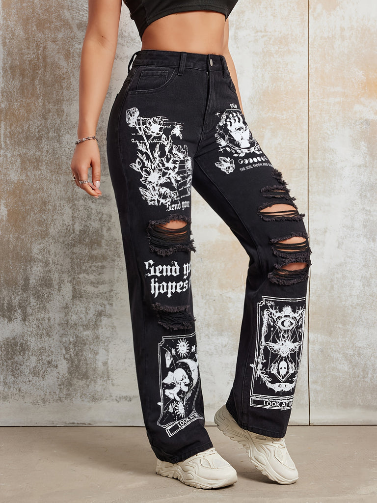 Y2K High Waist Straight Leg Pants with Cartoon Pattern Print