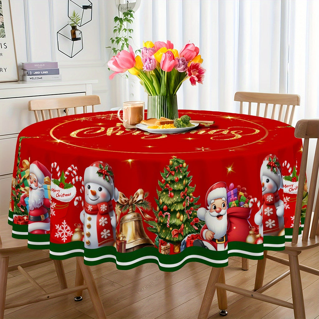 Merry Christmas Tablecloth with Santa, Snowman & Gingerbread for Man Design - Waterproof Polyester, Stain-Resistant Holiday Decor for Dining Room, Perfect for Home & Restaurant Use, Christmas Decor