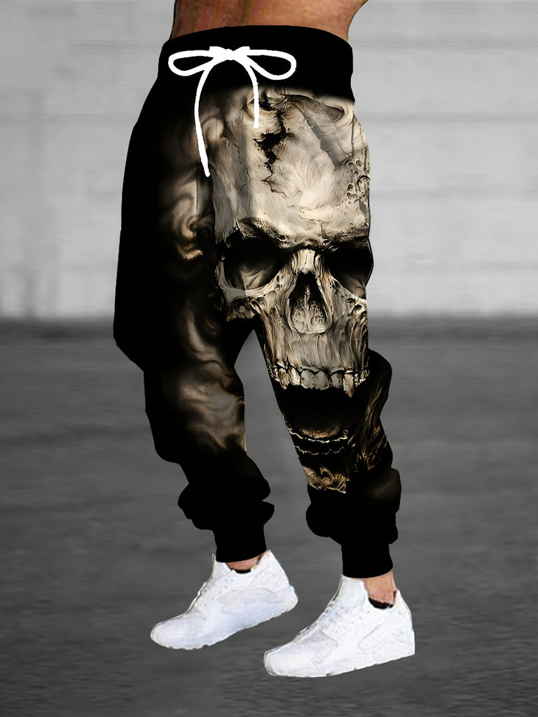 Men's Creepy Skull Print Jogger Sweatpants with Drawstring, Casual Halloween Themed Sports Trousers as Gift