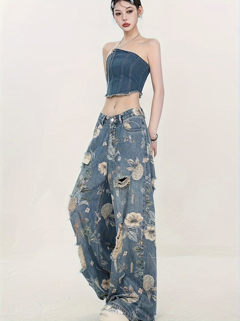 Vintage-Inspired High-Waist Wide-Leg Jeans for Women - Classic Retro Print, Cotton Blend, Machine Washable, High-end Fashion Brand