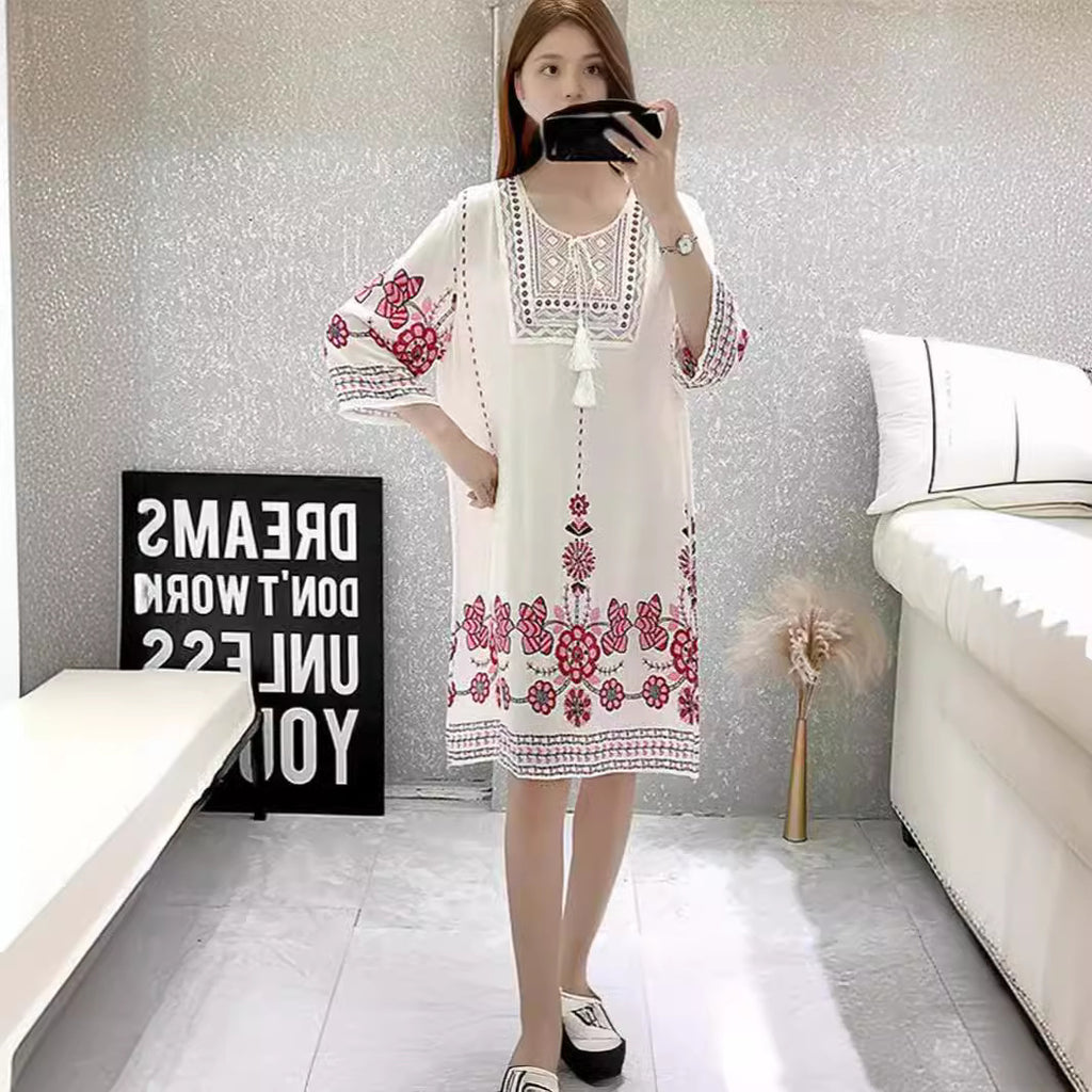 Cotton Silk Floral Dress Vintage Women's Clothing