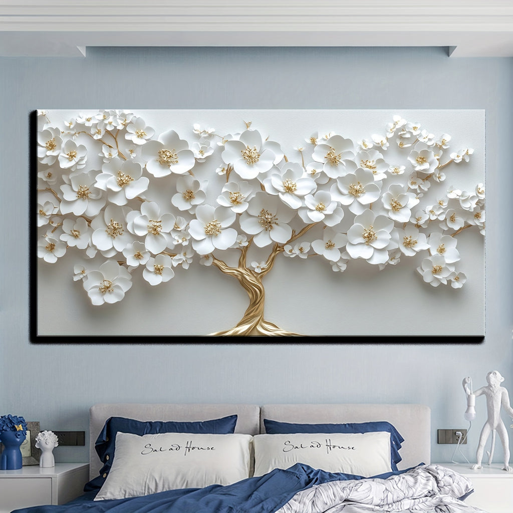 1 piece Nordic white floral oil painting on canvas, modern art, decorative wall painting for living room and bedroom, ideal for luxury background wall, home decoration, 1.5inch thickness Pine solid wood Framed