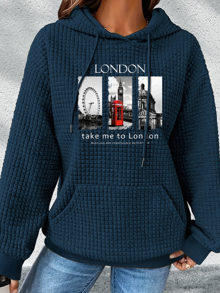 Women's Casual Hoodie Sweatshirt with London Architecture Print, Waffle Knit Fabric, Long Sleeve, Pullover, Polyester, Alphabet Pattern, Loose Fit, No Belt, Fall/Winter Collection